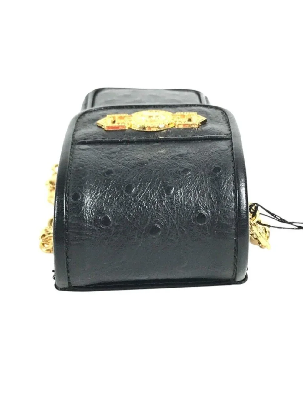 Versace Handbag Sunburst Logo Mobile Pouch Vintage Embossed Leather Black